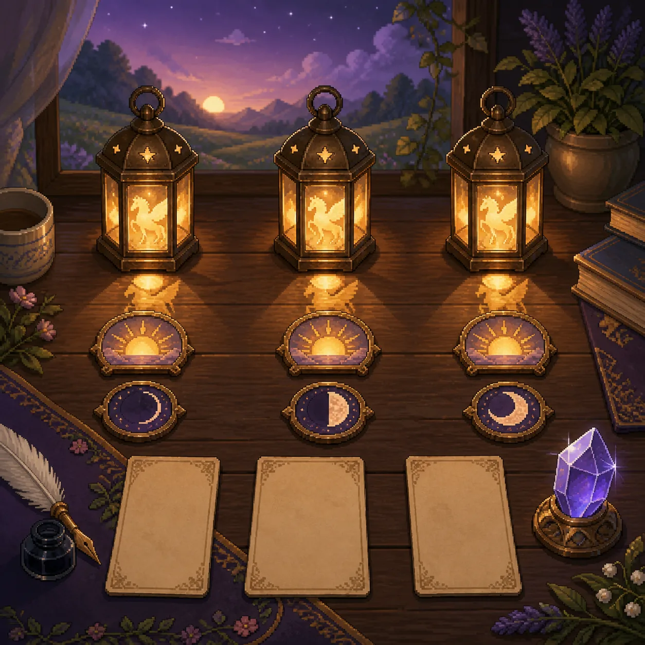Editorial concept illustration with three lanterns, day and night symbols and blank save cards for route planning