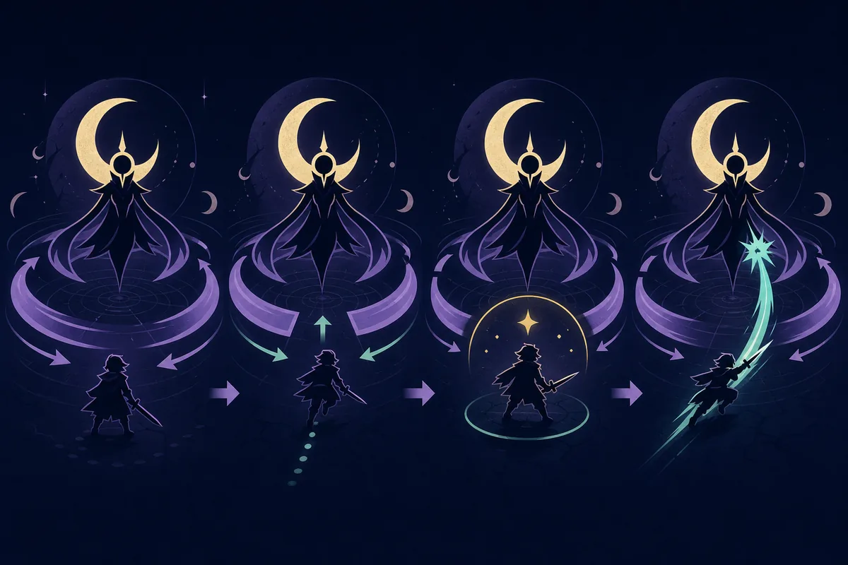 Four-step editorial flow for observing, dodging, defending and counterattacking a moon boss