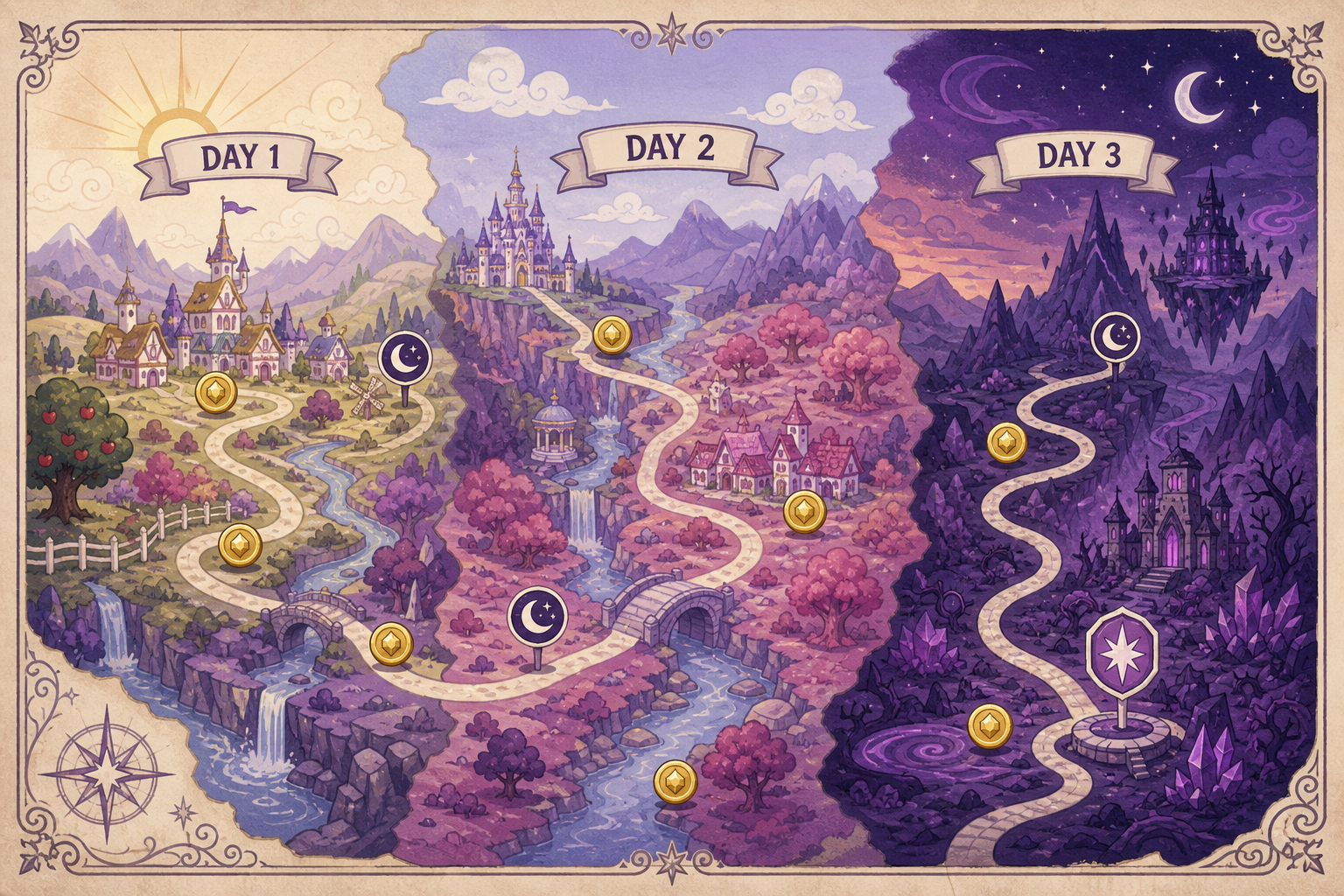 Editorial concept map showing a three-day Banned From Equestria route from daylight to night